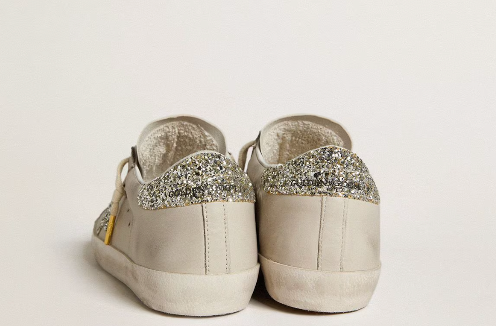 Women's Super-Star LTD in ivory nappa leather with platinum glitter star and heel tab