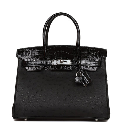Hermes Birkin 30 Black Matte  Alligator and Ostrich Touch Palladium Hardware