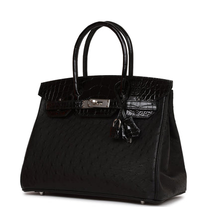 Hermes Birkin 30 Black Matte  Alligator and Ostrich Touch Palladium Hardware