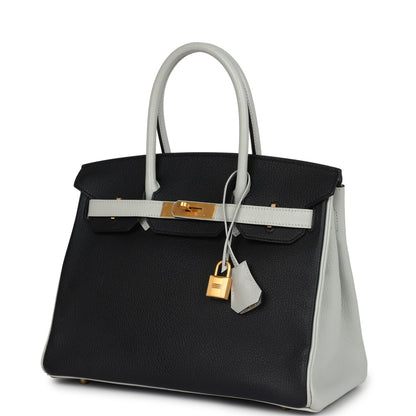 Pre-owned Hermes Special Order (HSS) Birkin 30 Black and Gris Perle Chevre Mysore Brushed Gold Hardware