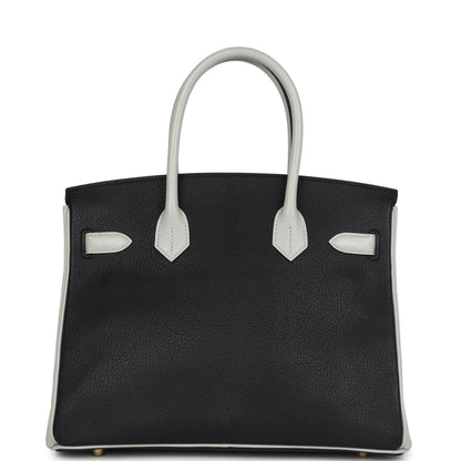 Pre-owned Hermes Special Order (HSS) Birkin 30 Black and Gris Perle Chevre Mysore Brushed Gold Hardware