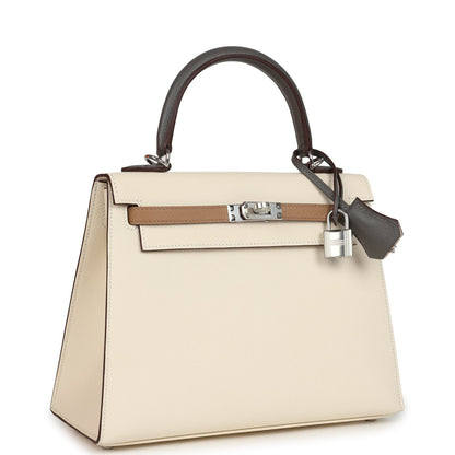 Hermes Kelly Sellier 25 Tri-Color Nata, Gris Meyer and Chai Epsom Palladium Hardware