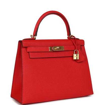 Pre-owned Hermes Kelly Sellier 28 Rouge De Coeur Epsom Gold Hardware
