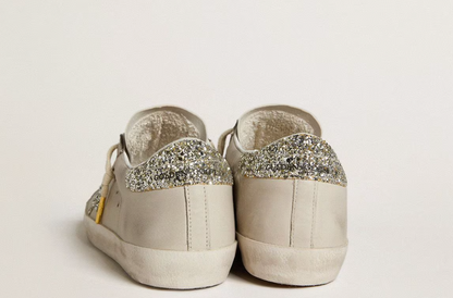 Women's Super-Star LTD in ivory nappa leather with platinum glitter star and heel tab