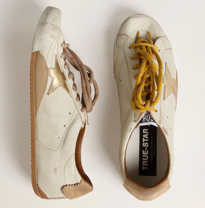 True-Star Donna in nappa bianca con stella oro e talloncino in suede beige