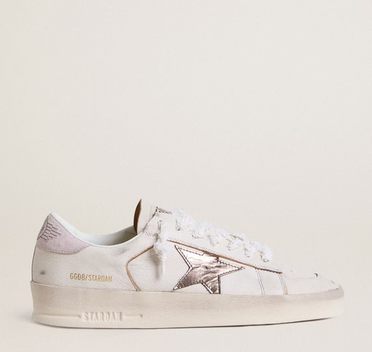 Stardan in nappa con stella in pelle laminata argento e talloncino in suede rosa