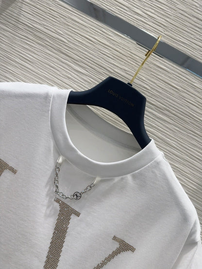 LV 25 Chain Round Neck T-shirt Black White Cotton