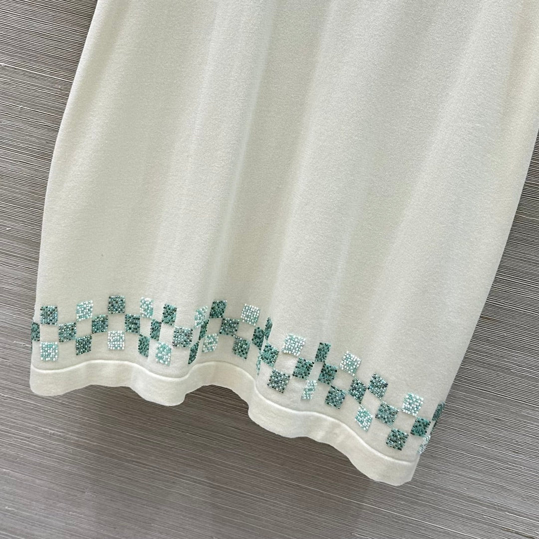 LV 25 Plaid Beading Embroidered Letters Casual  T-Shirt White Beige Cotton