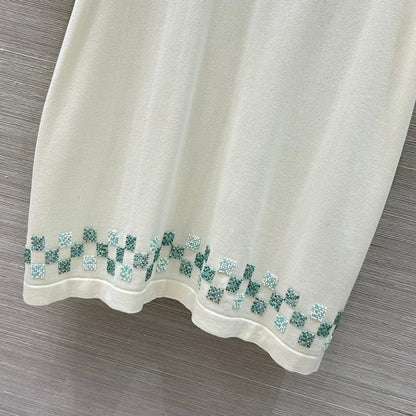 LV 25 Plaid Beading Embroidered Letters Casual  T-Shirt White Beige Cotton