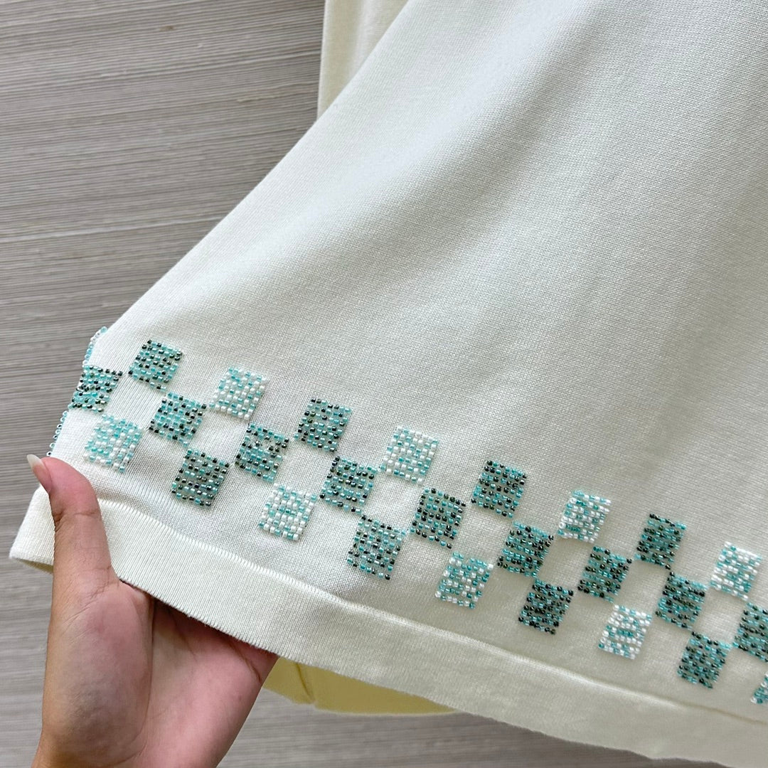 LV 25 Plaid Beading Embroidered Letters Casual  T-Shirt White Beige Cotton