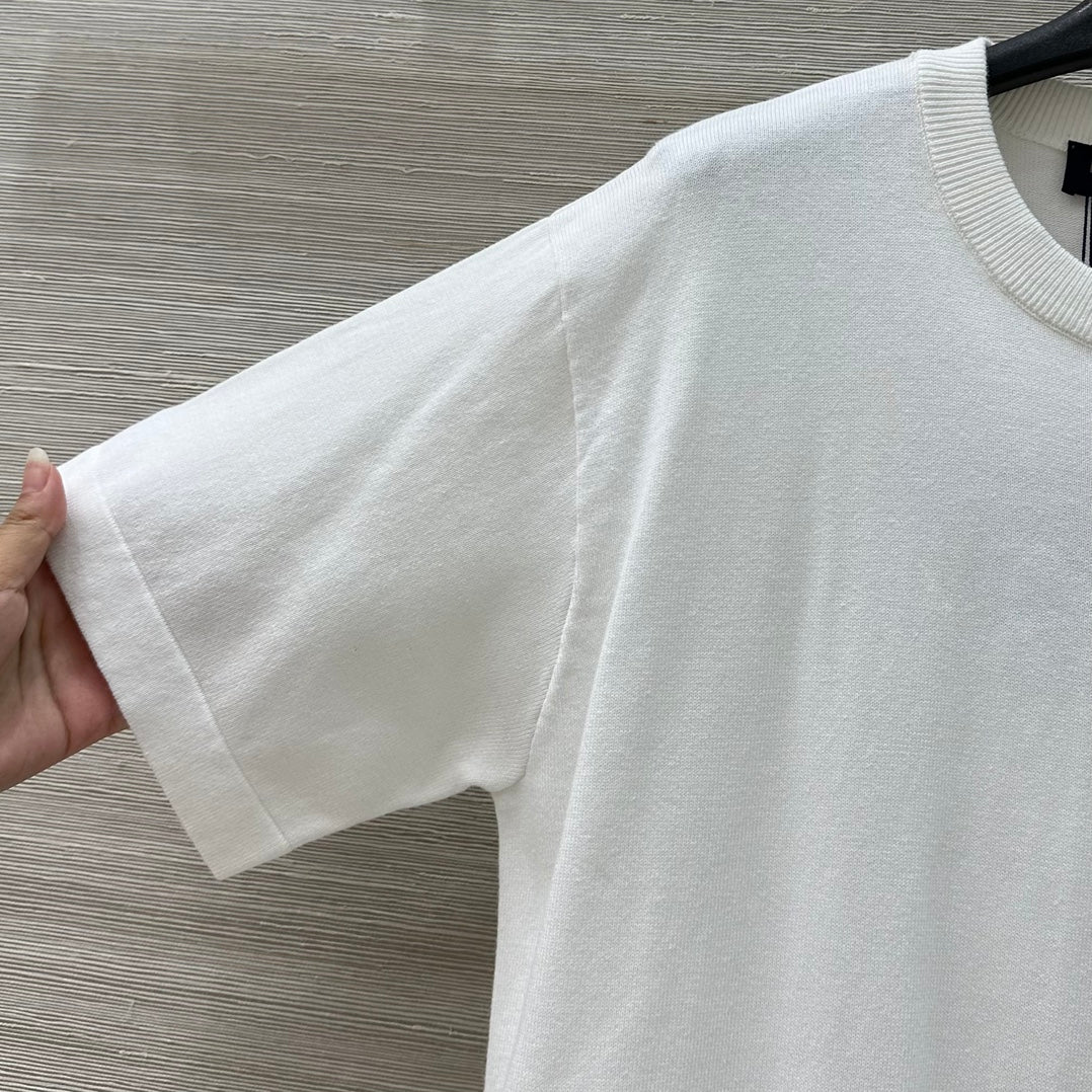 LV 25 Plaid Beading Embroidered Letters Casual  T-Shirt White Beige Cotton