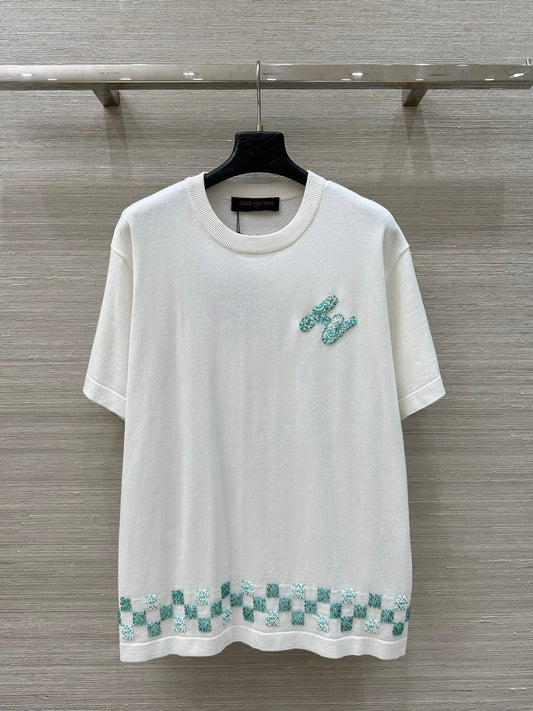 LV 25 Plaid Beading Embroidered Letters Casual  T-Shirt White Beige Cotton