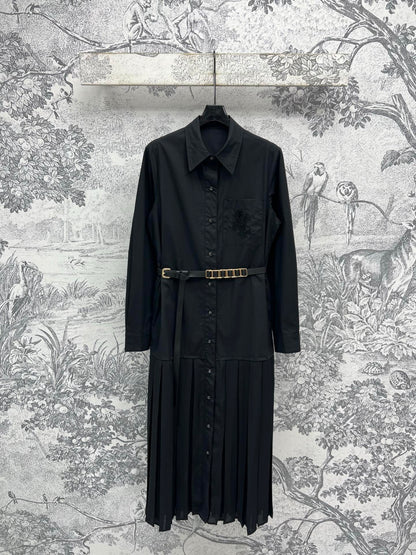 LV 25 Pleated Design Belt That Pinches Waist Dress Black White Cotton