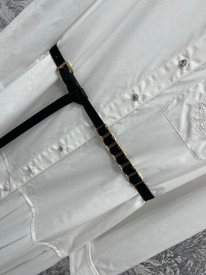 LV 25 Pleated Design Belt That Pinches Waist Dress Black White Cotton