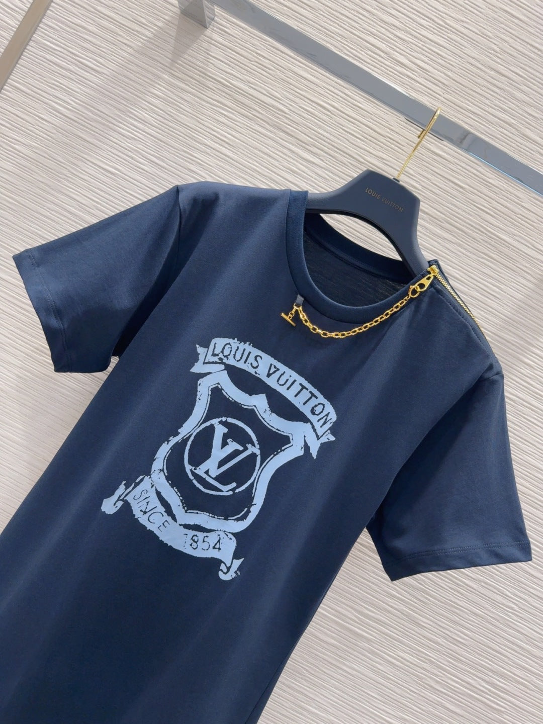 LV 25 Metal Zipper Decoration On The Left Shoulder Dress  Blue Cotton