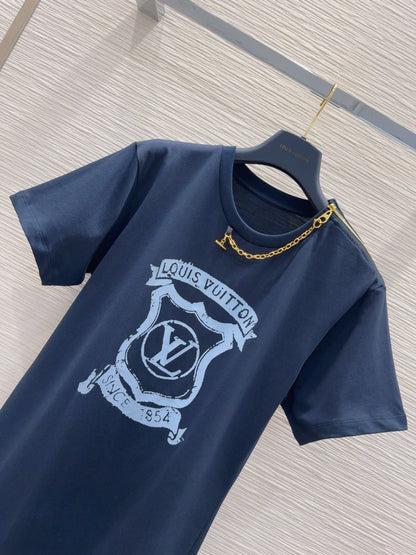 LV 25 Metal Zipper Decoration On The Left Shoulder Dress  Blue Cotton