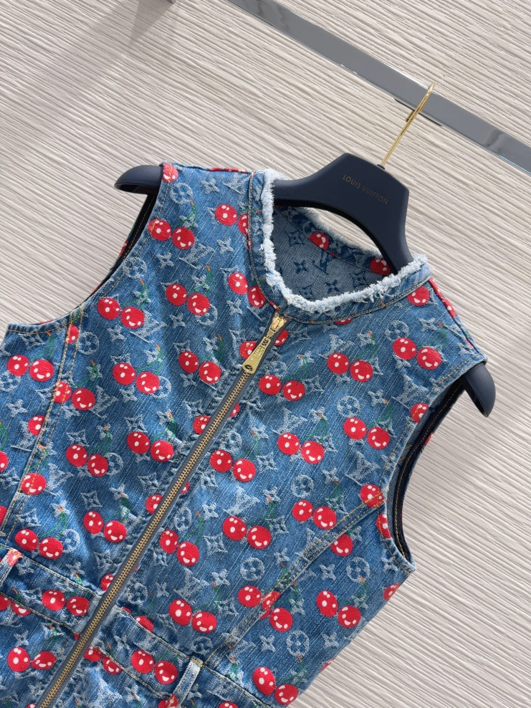 LV 25 Cherry Denim Vest Dress Blue Cotton