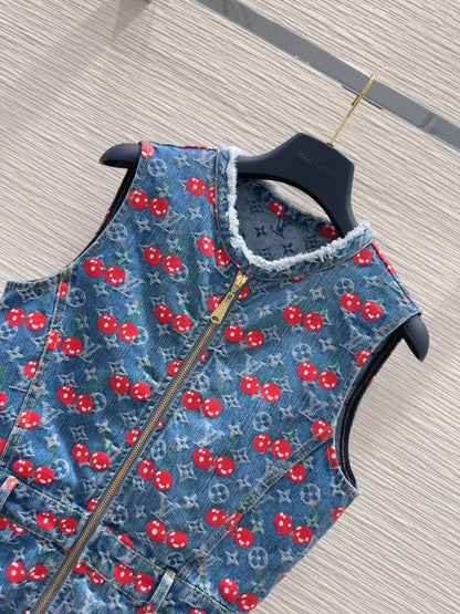LV 25 Cherry Denim Vest Dress Blue Cotton