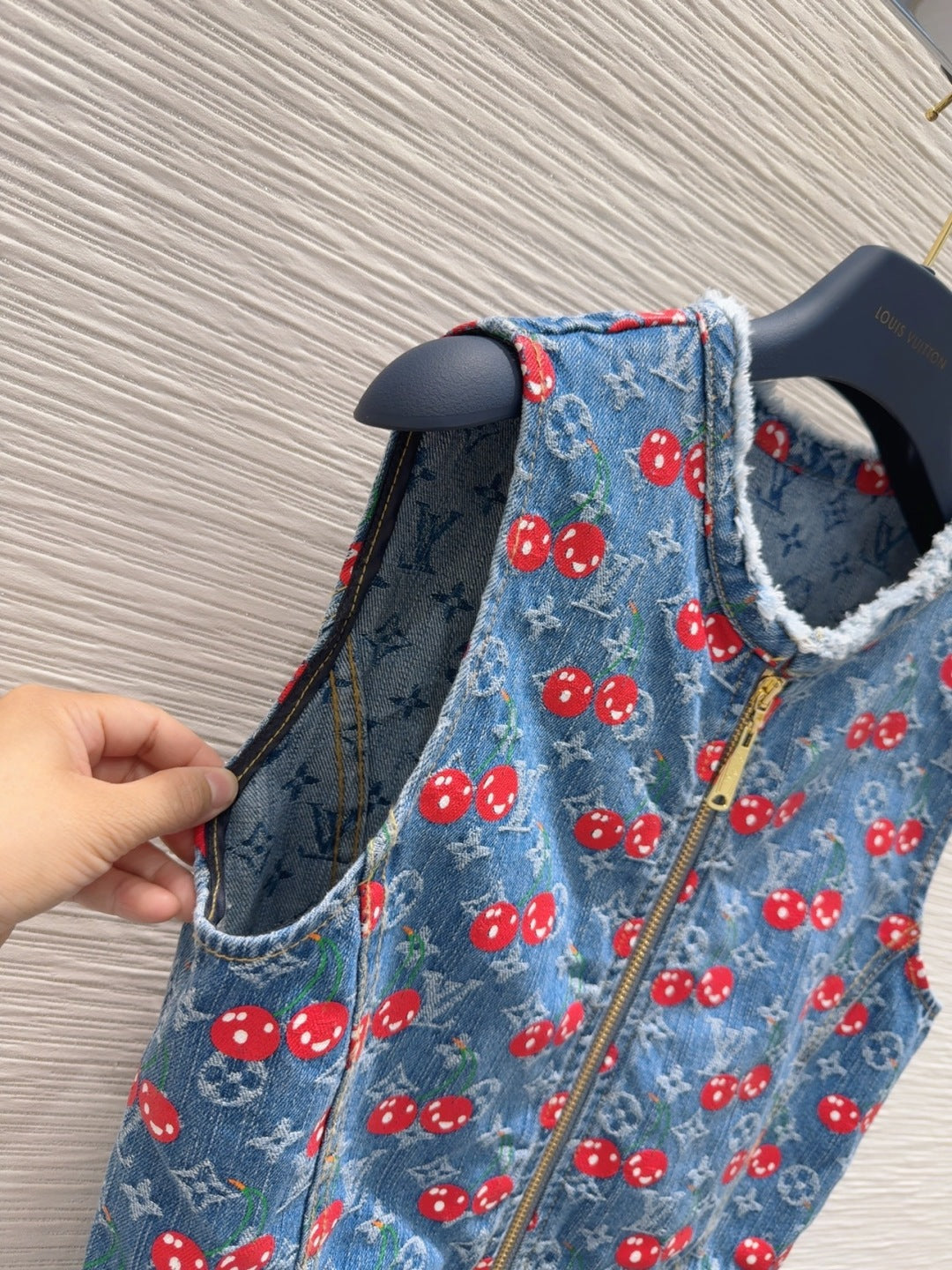 LV 25 Cherry Denim Vest Dress Blue Cotton