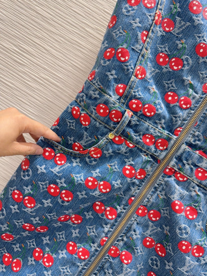LV 25 Cherry Denim Vest Dress Blue Cotton