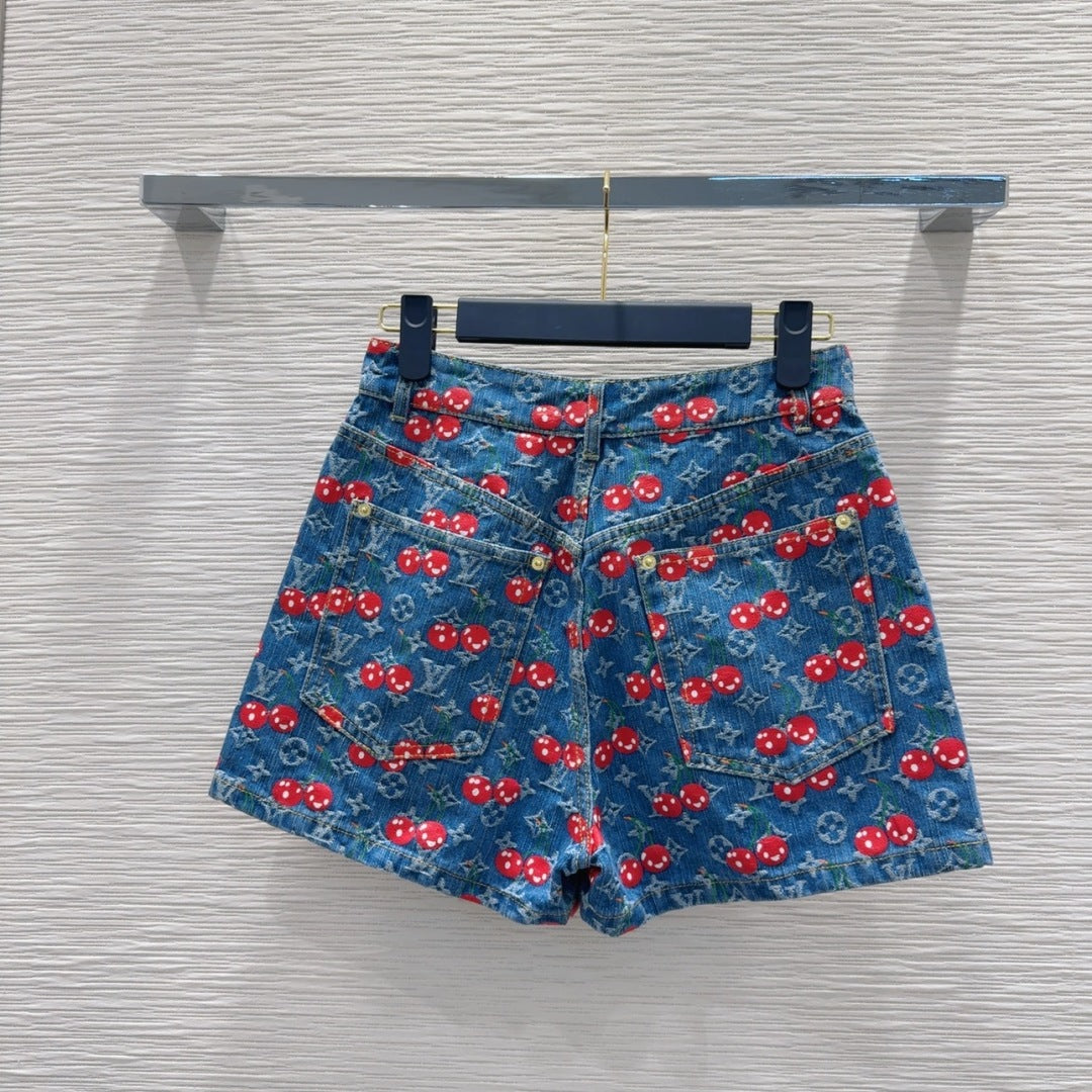 LV 25 Cherry Denim Shorts Blue Cotton