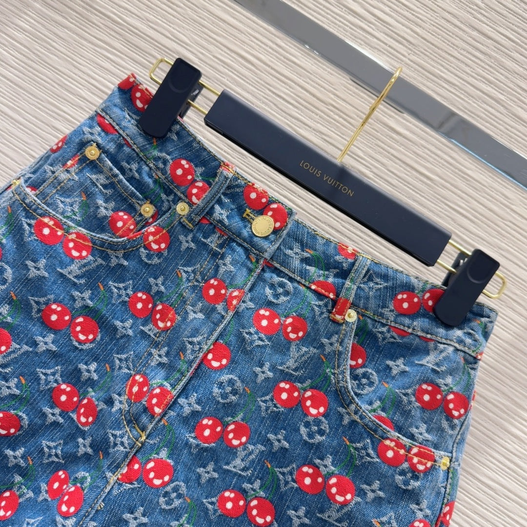 LV 25 Cherry Denim Shorts Blue Cotton