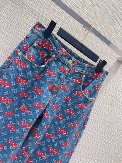LV 25 Cherry Denim Pants Blue Cotton