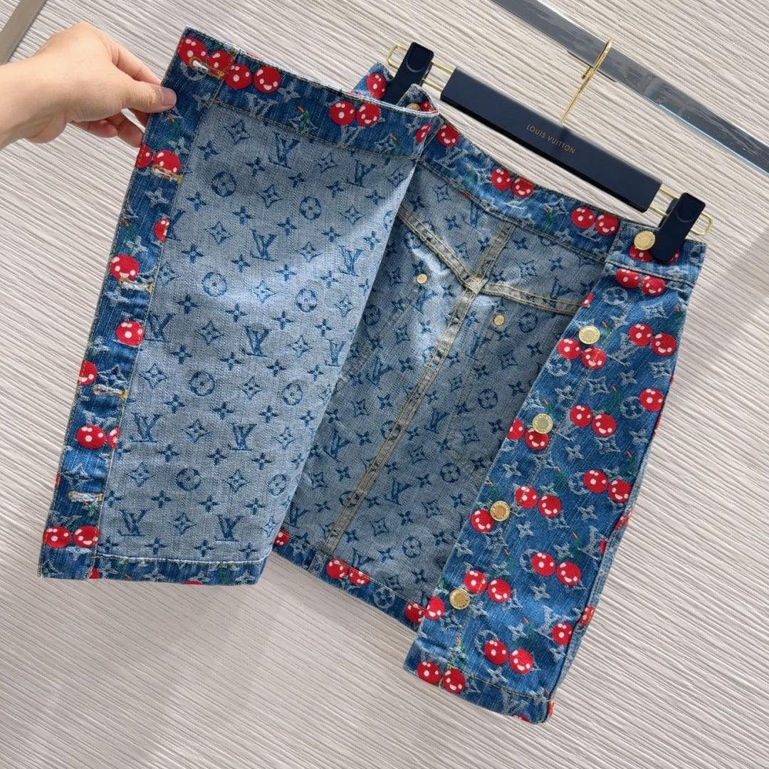 LV 25 Cherry Denim Skirt  Blue Cotton