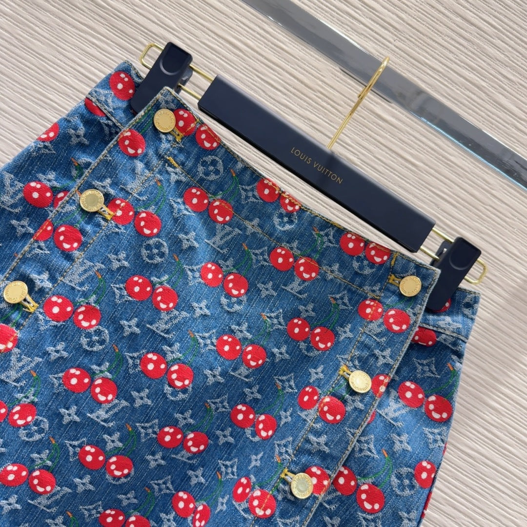 LV 25 Cherry Denim Skirt  Blue Cotton