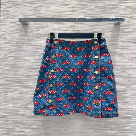 LV 25 Cherry Denim Skirt  Blue Cotton
