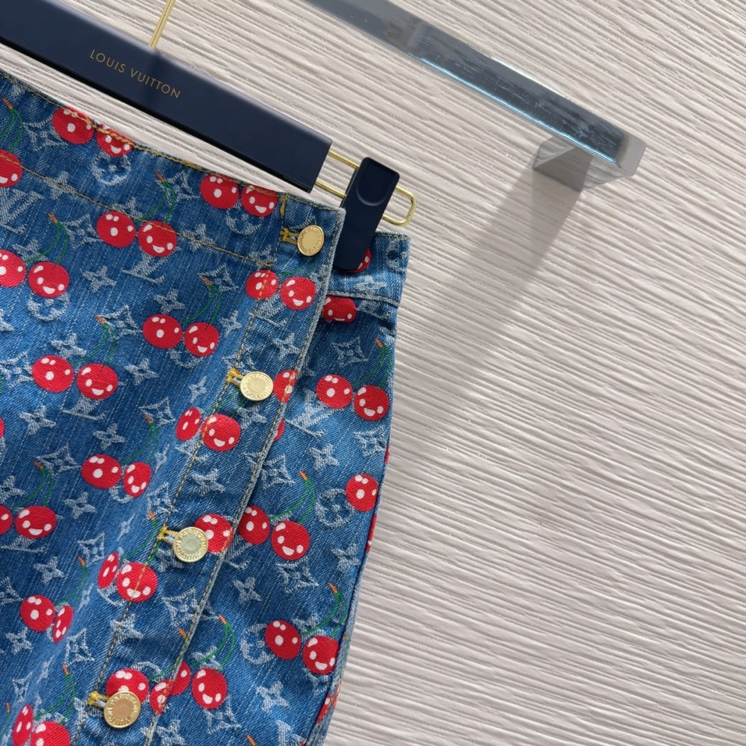 LV 25 Cherry Denim Skirt  Blue Cotton
