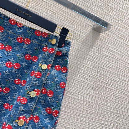 LV 25 Cherry Denim Skirt  Blue Cotton