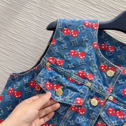 LV 25 Cherry Denim Vest Jacket Blue Cotton