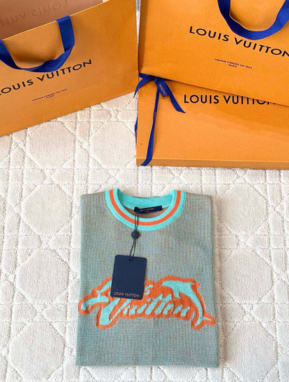LV 25  Dolphin Jacquard Short Sleeve  Shirt Blue Sweater Knit
