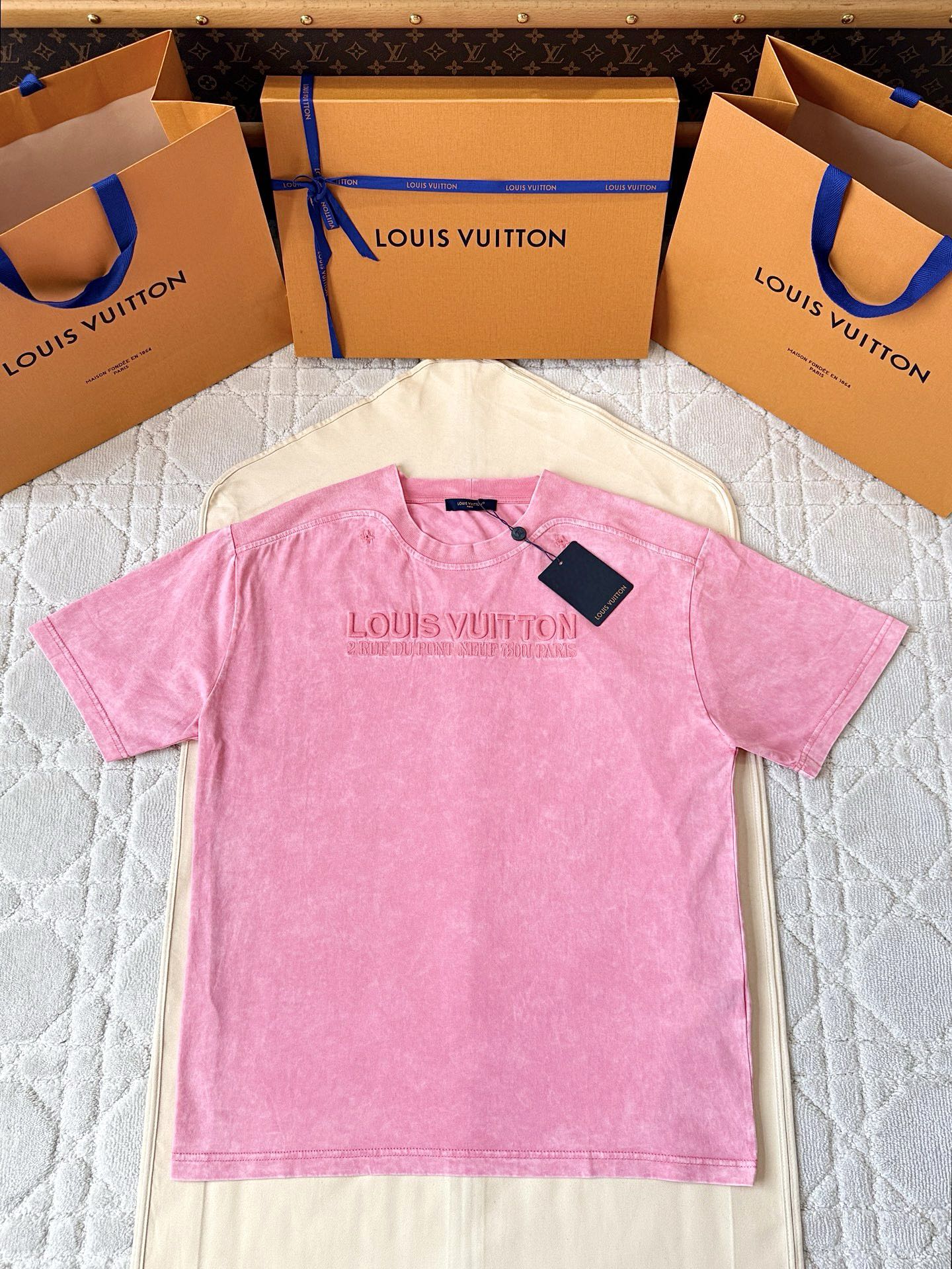 LV 25 Washed Powder Embroidery Round Neck T-shirt Pink Cotton
