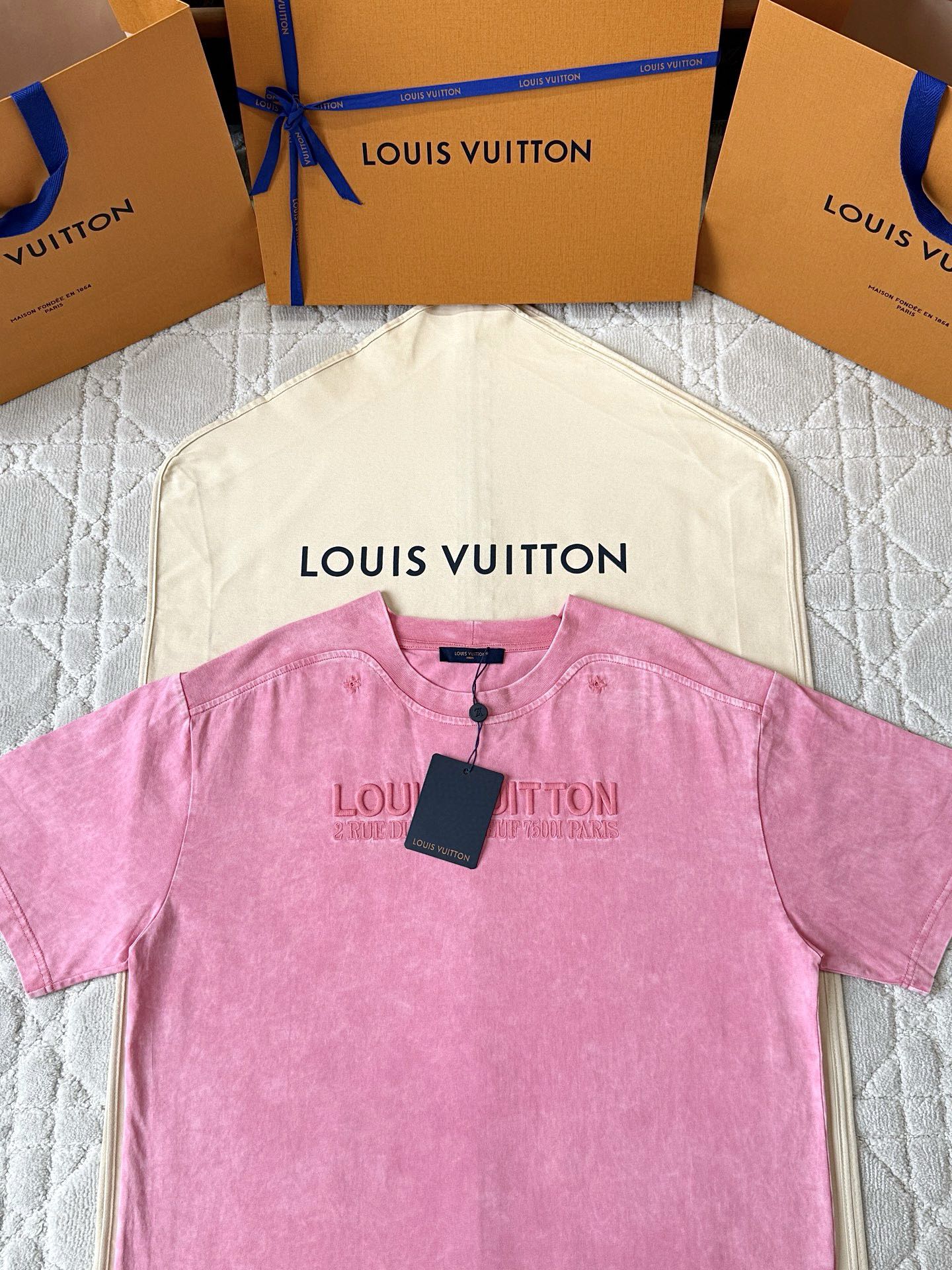 LV 25 Washed Powder Embroidery Round Neck T-shirt Pink Cotton