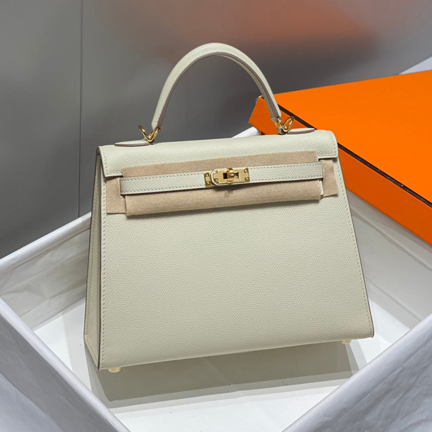 Hermes Kelly 25 Bag Milkshake White Gold Epsom Leather 249810