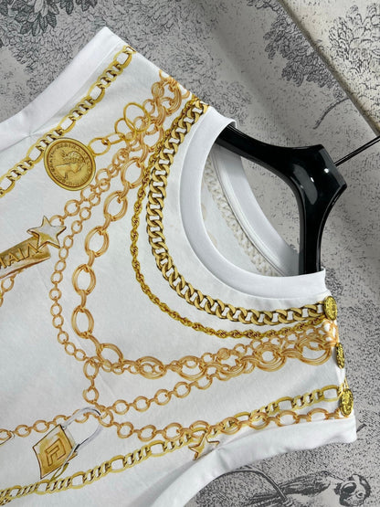 LV 25 Chain Round Neck Sleeveless T-shirt White Cotton