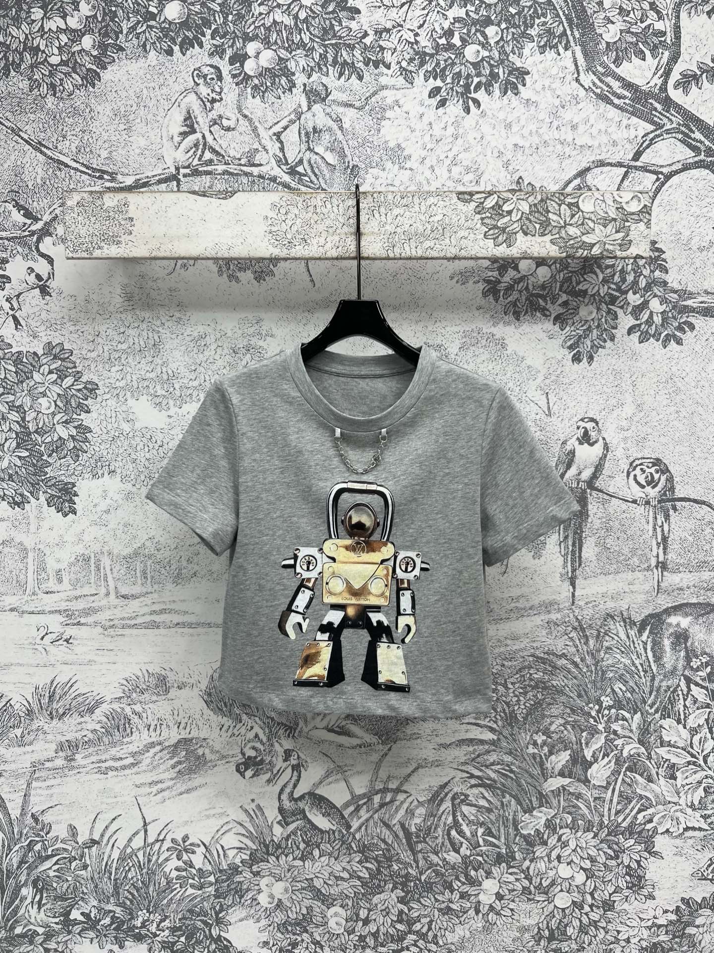 LV 25 Robot  On The Chest T-Shirt Grey Cotton
