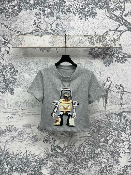 LV 25 Robot  On The Chest T-Shirt Grey Cotton