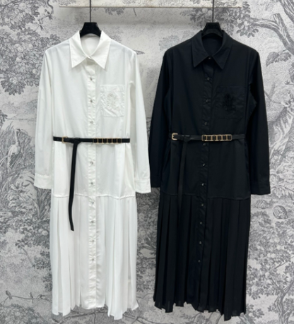 LV 25 Pleated Design Belt That Pinches Waist Dress Black White Cotton